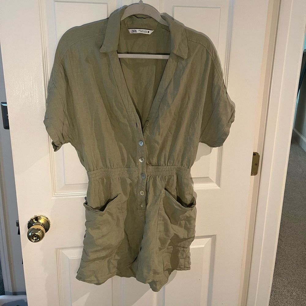 Zara Linen Green Button-Up Romper Playsuit size M